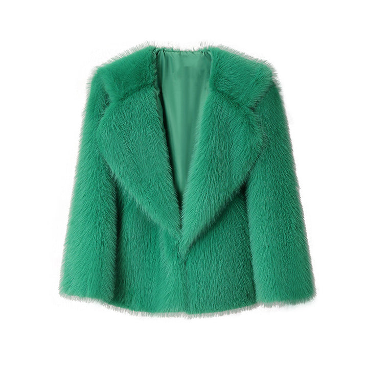 Ladies Luxurious Short Coat made of Long-Pile Faux Fur with Wide Shawl Collar Mune Fashion