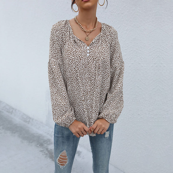 Women's Playfully patterned blouse with button placket and balloon sleeves Mune Fashion