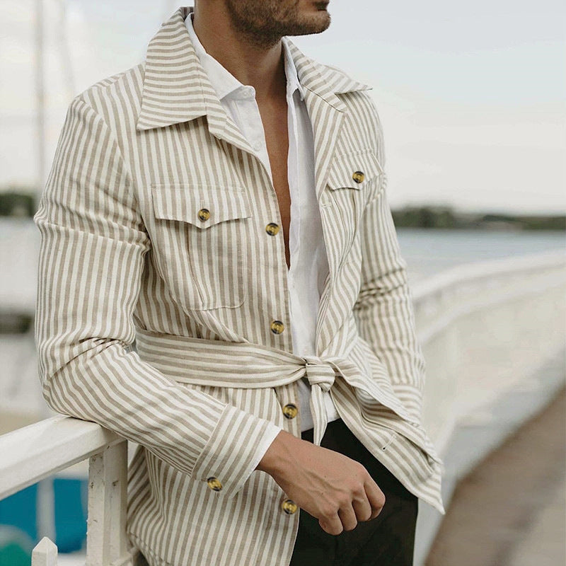 Women's striped shirt jacket made of cotton blend with patch breast and hip pockets Mune Fashion