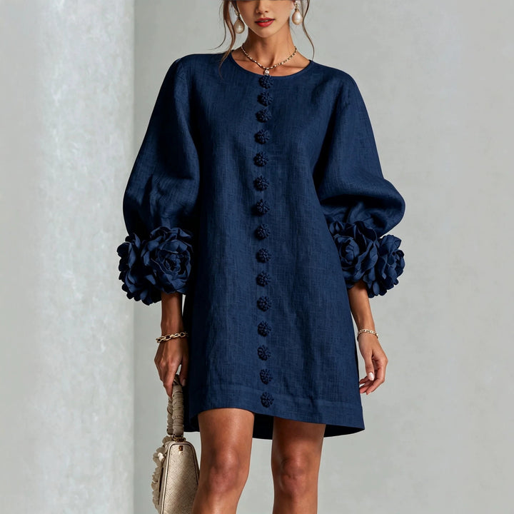Ladies linen dress in A-line cut with balloon sleeves and 3D flower decoration Mune Fashion