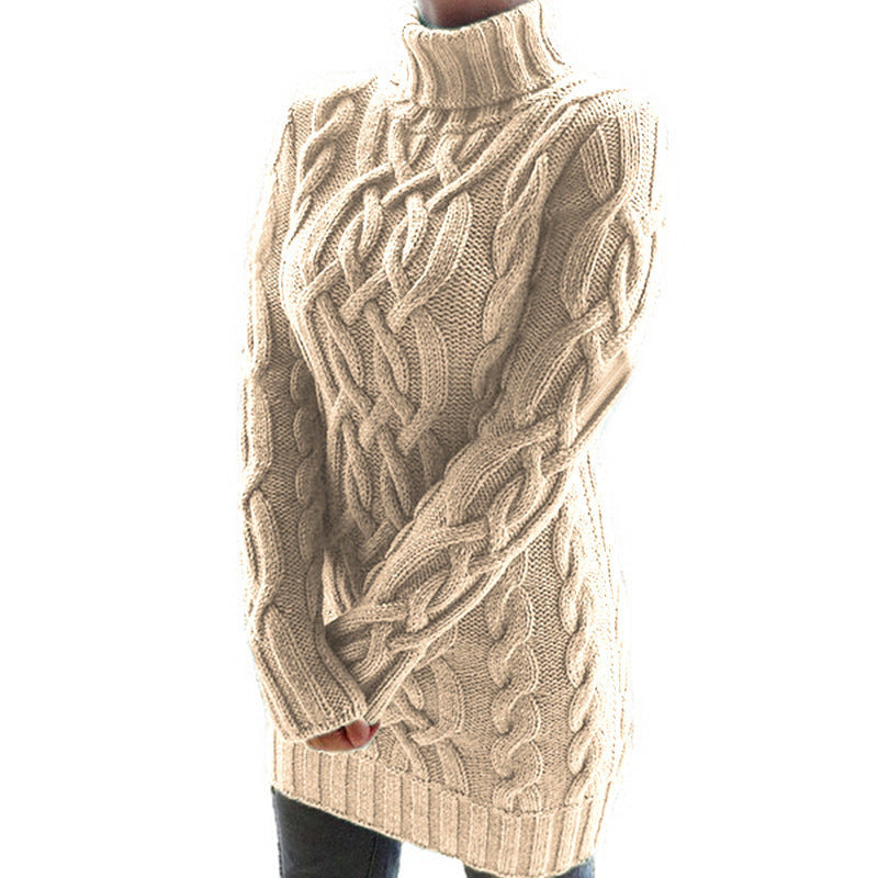 Women Oversized Knit Dress with Distinctive Cable Pattern and Turtleneck Mune Fashion