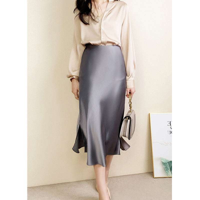 Women Luxurious Satin Midi Skirt with High Slit Mune Fashion