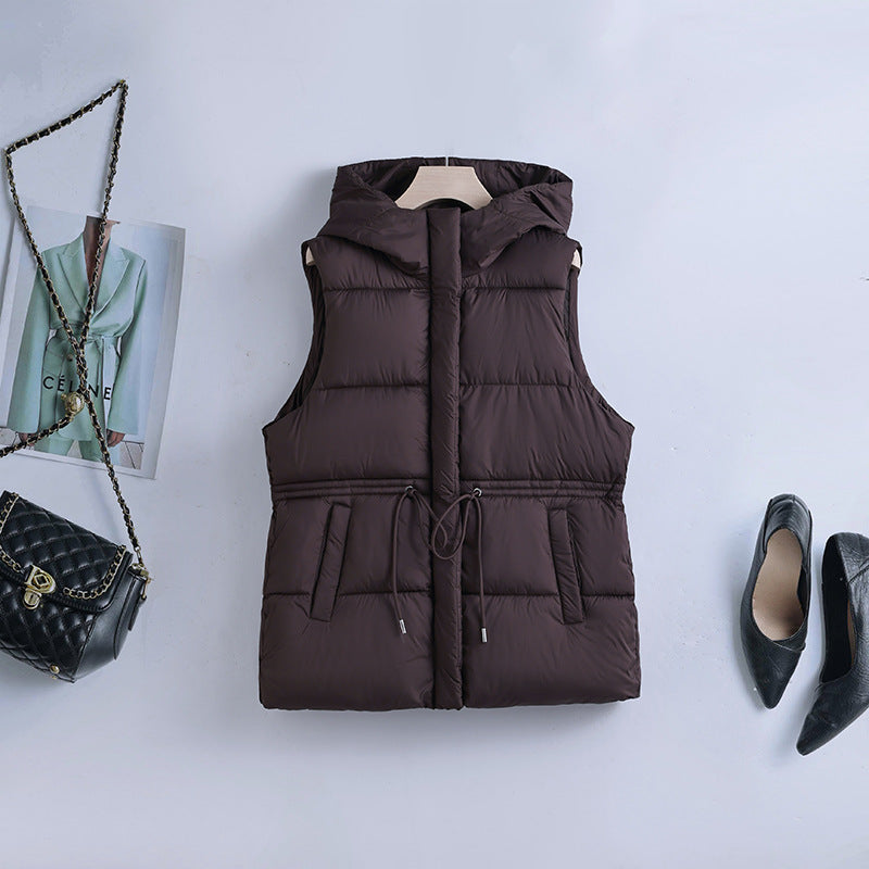 Ladies padded hooded vest with adjustable waist drawstring and windproof thermal lining Mune Fashion