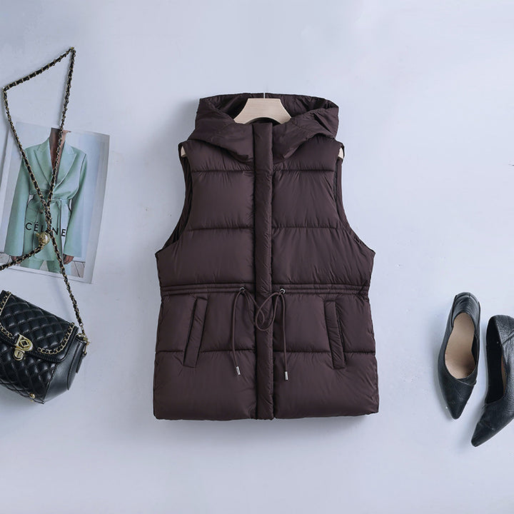 Ladies padded hooded vest with adjustable waist drawstring and windproof thermal lining Mune Fashion