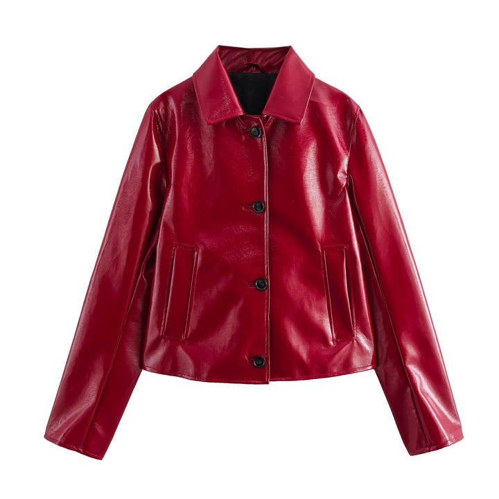 Women's Shiny Faux Leather Blouse Jacket in Boxy Cut with Shirt Collar Mune Fashion