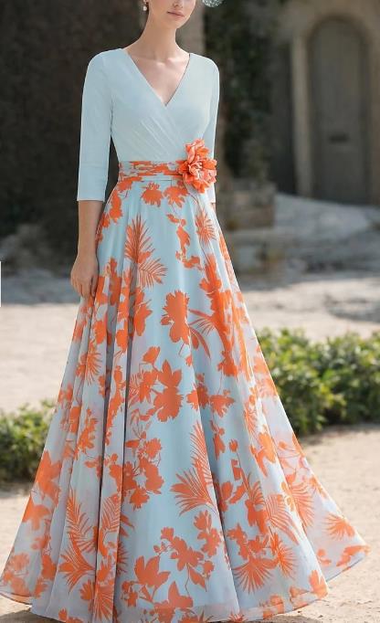 Women Floral Maxi Dress with Wrap Top, Three-Quarter Sleeves and Flared Skirt Mune Fashion