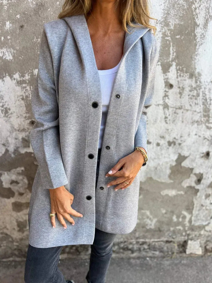 Women Straight Midi Coat made of Wool Blend with Stand Collar and Snap Button Closure Drune