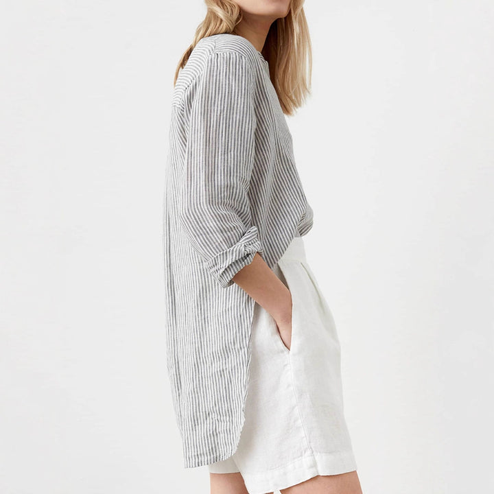Women Lightweight Striped Tunic Blouse with Stand Collar and High Hem