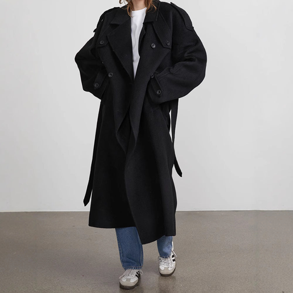 Women's Long Wool Blend Coat with Wide Lapels, Epaulettes and Adjustable Sleeve Straps Mune Fashion