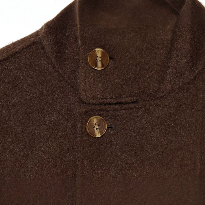 Women's short cape coat made of wool blend with high standing collar and waist belt Drune