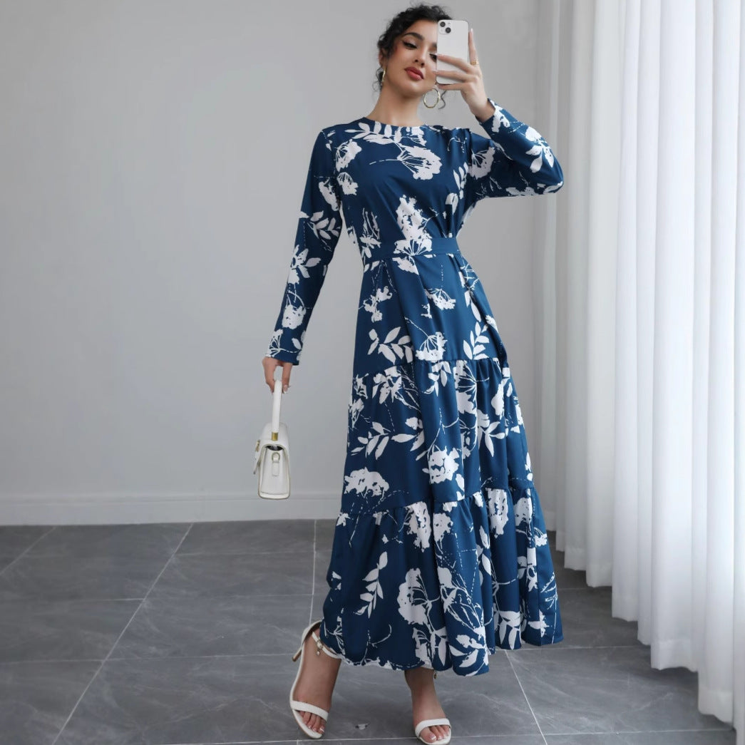 Women Long Floral Tiered Maxi Dress with Waist Belt & Round Neckline Mune Fashion