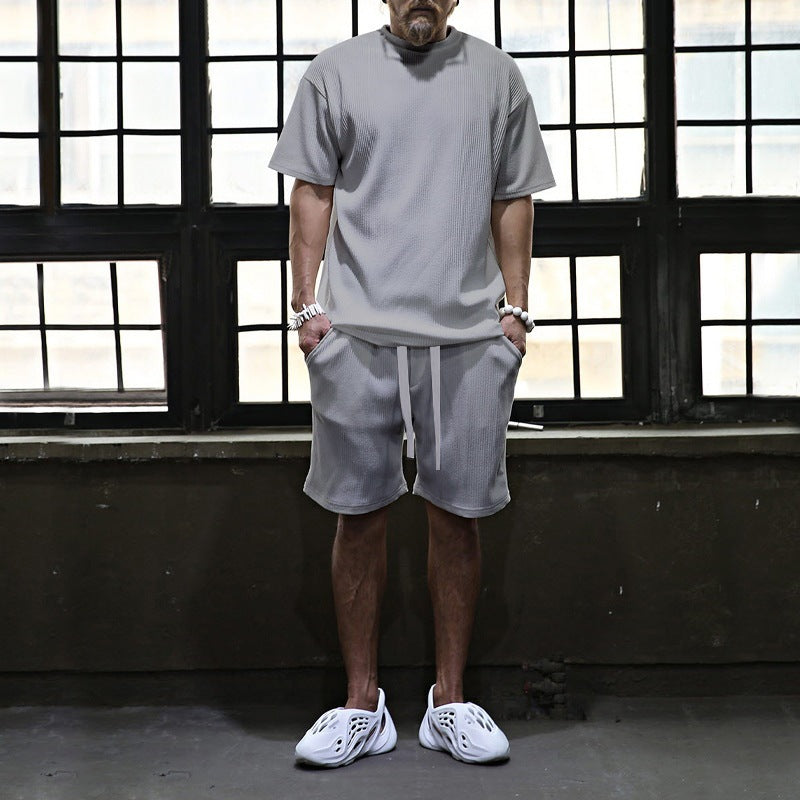 Men's casual waffle jersey set with loose top and drawstring shorts Mune Fashion