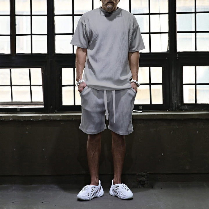 Men's casual waffle jersey set with loose top and drawstring shorts Mune Fashion