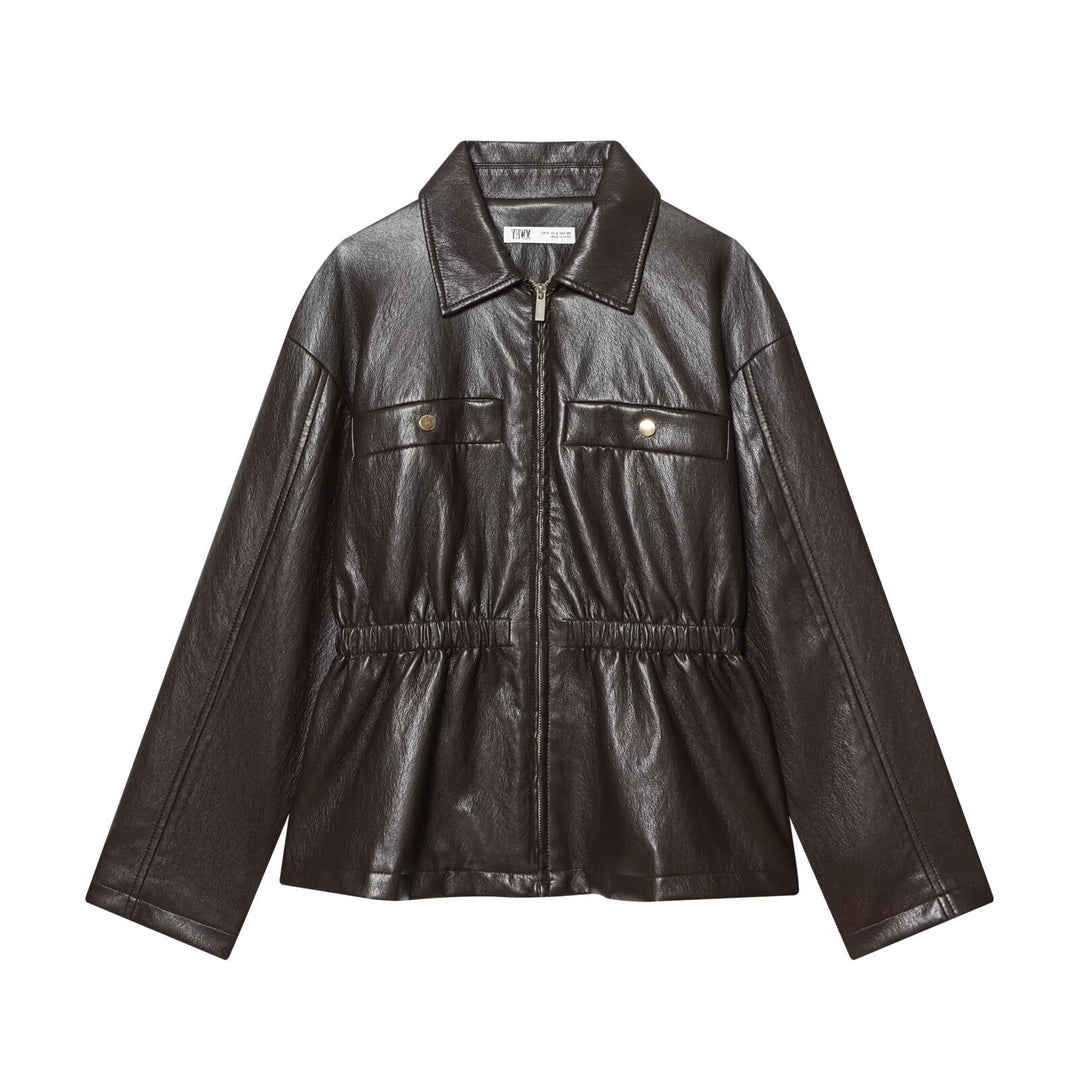 Women's short jacket in vegan leather look with cinching drawstring and flap pockets Mune Fashion