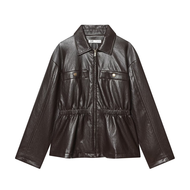 Women's short jacket in vegan leather look with cinching drawstring and flap pockets Mune Fashion