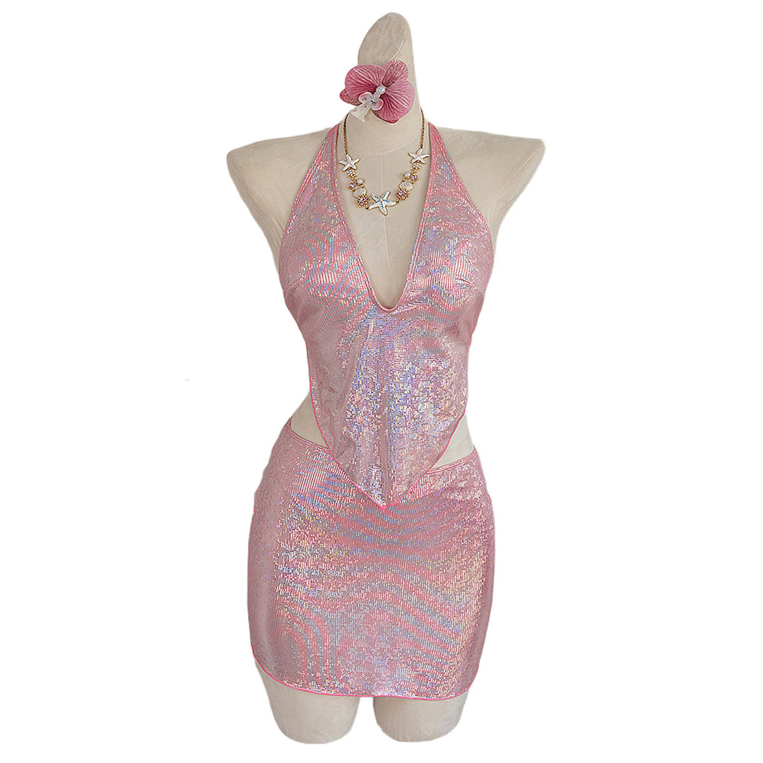 Women Buttoned Cut Beach Dress with Glitter Effect Mune Fashion
