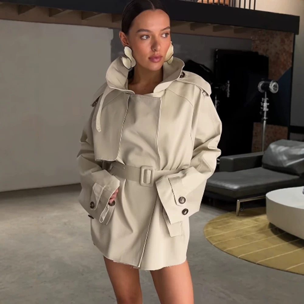 Women's Sculptural Short Trench with Oversized Shawl Collar and Fitted Belt Mune Fashion
