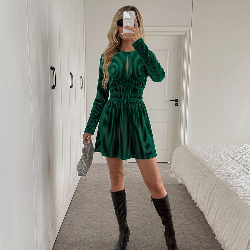 Women's velvet mini dress with gathered waist fit and slit detail Mune Fashion