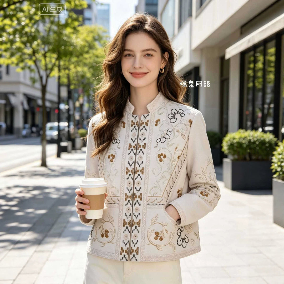 Women's Embroidered Boxy Jacket with Stand Collar and Floral Embroidery Mune Fashion