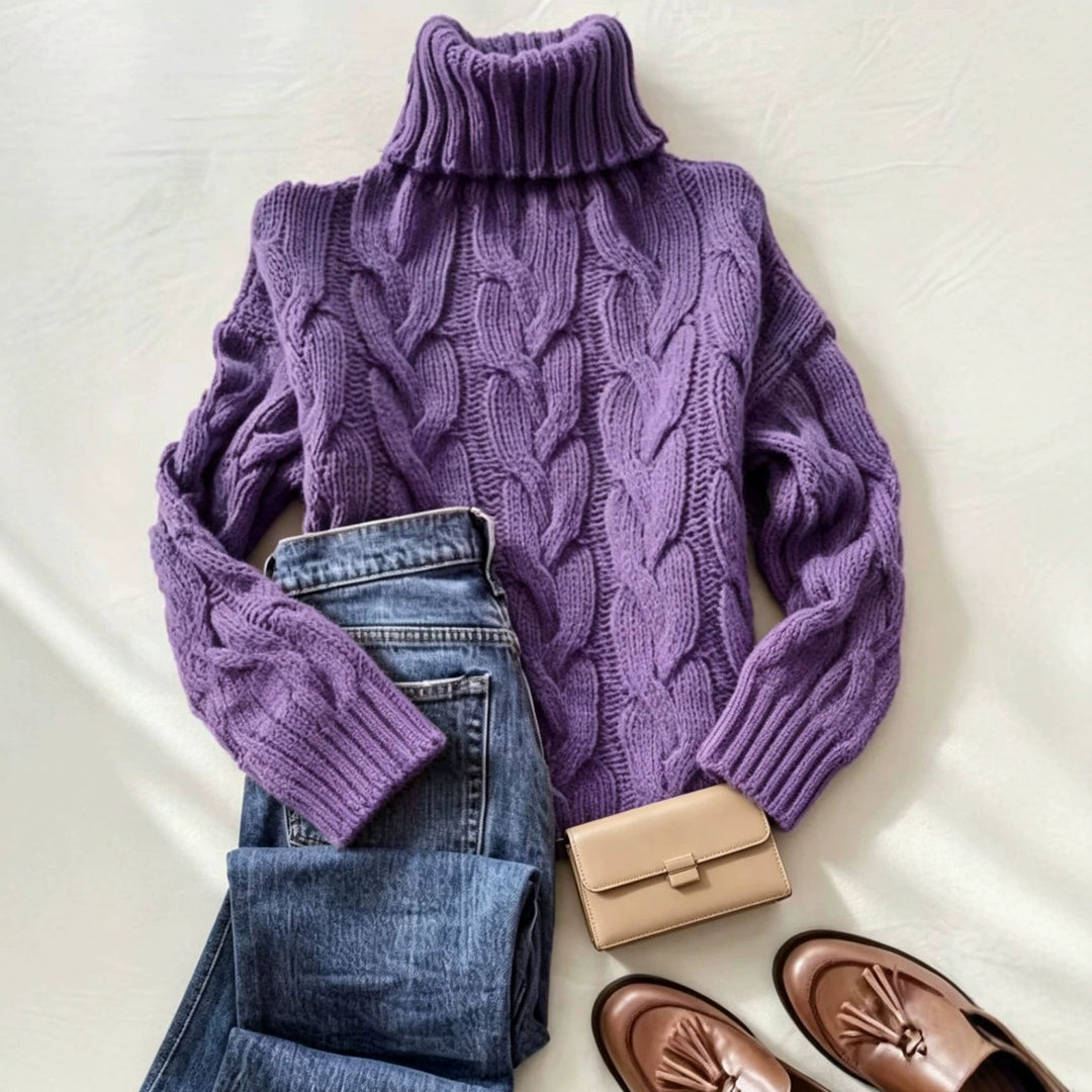 Women's chunky knit turtleneck sweater with distinctive cable patterns and ribbed cuffs Mune Fashion