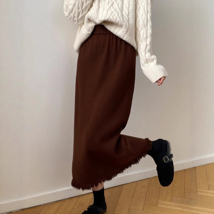 Women Long Pleated Skirt with Fringes Mune Fashion