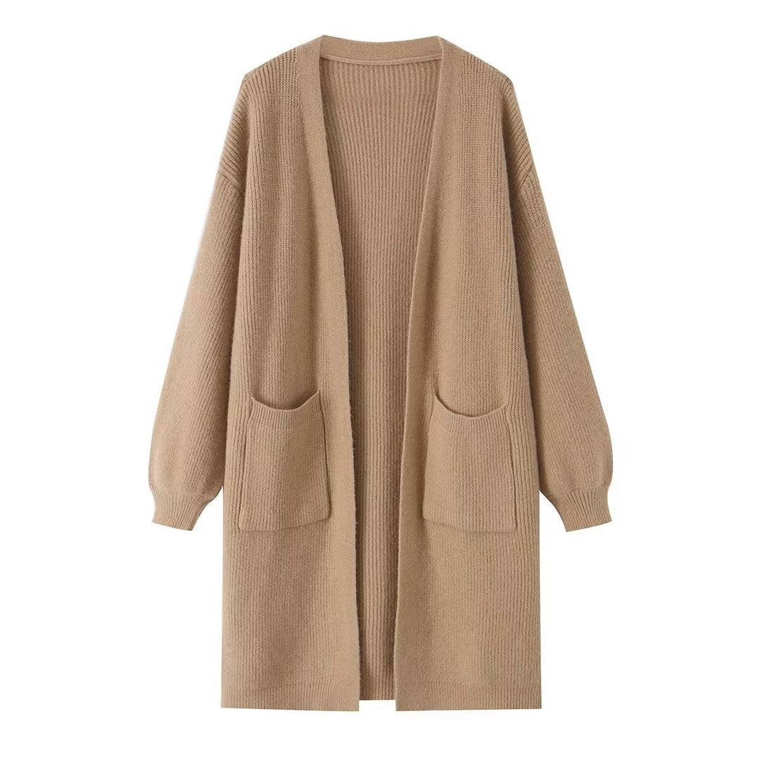 Ladies Longline Knit Cardigan with Patch Pockets and Open Front Mune Fashion
