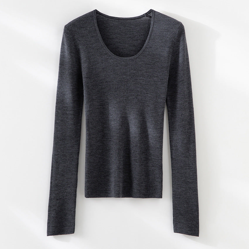 Women's fine knit long sleeve shirt with deep boat neckline and fine rib structure Mune Fashion