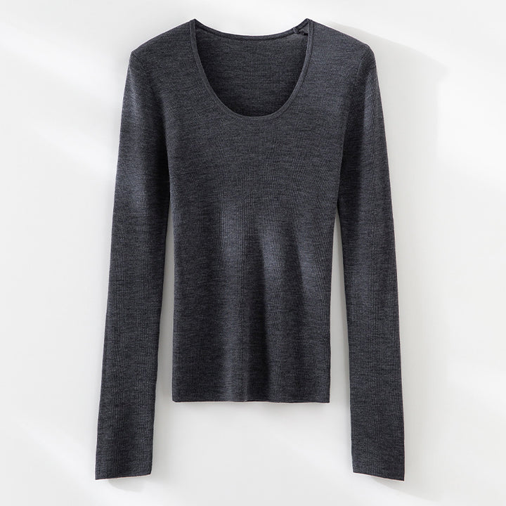 Women's fine knit long sleeve shirt with deep boat neckline and fine rib structure Mune Fashion