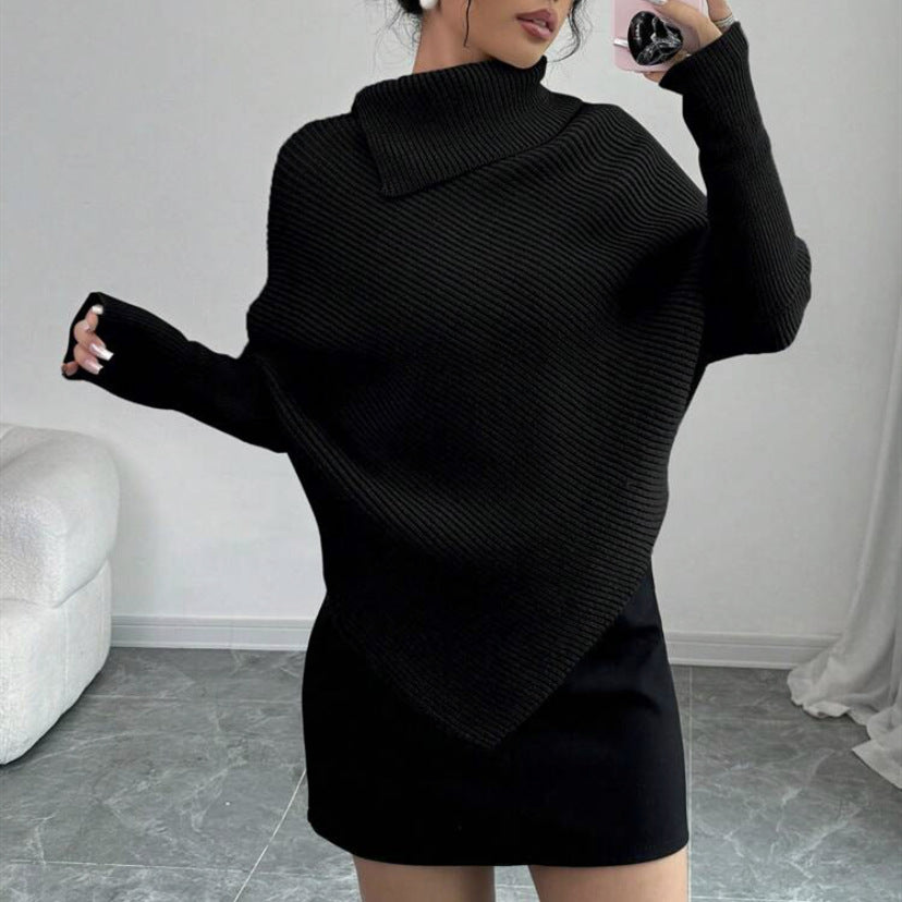 Women's Asymmetrical Rib Knit Poncho with High Roll Neck and Extended Sleeves Mune Fashion