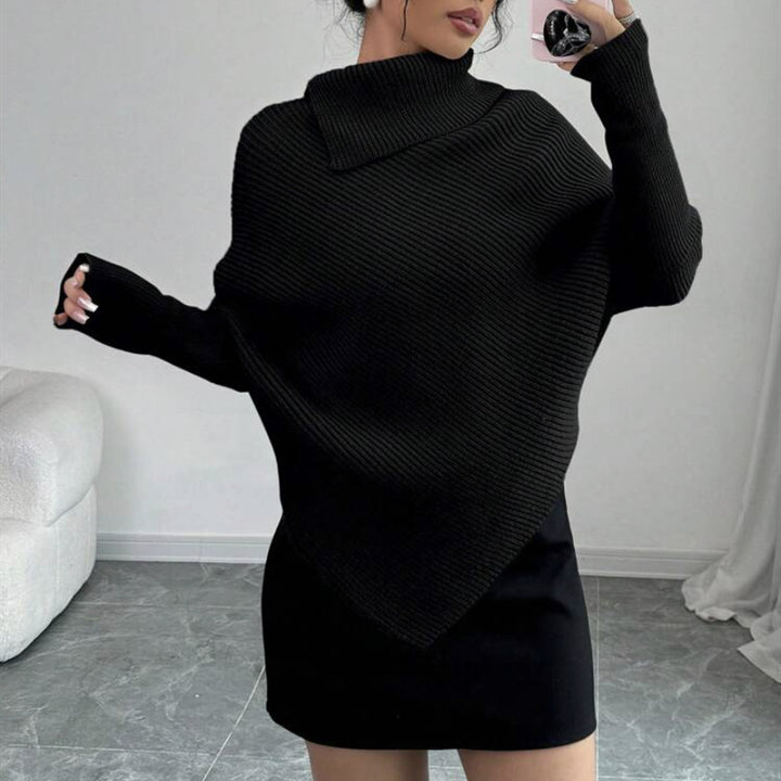 Women's Asymmetrical Rib Knit Poncho with High Roll Neck and Extended Sleeves Mune Fashion