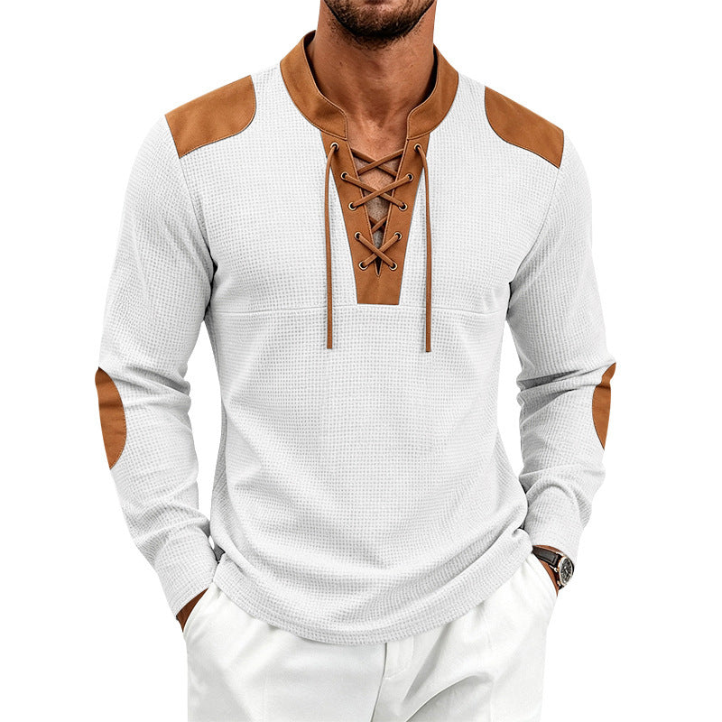 Men's Waffle Knit Long Sleeve Shirt with Laced Collar and Faux Leather Patches Mune Fashion