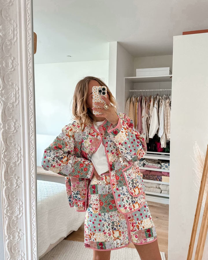 Women's Quilted Patchwork Jacket Vest and Mini Skirt Set Mune Fashion