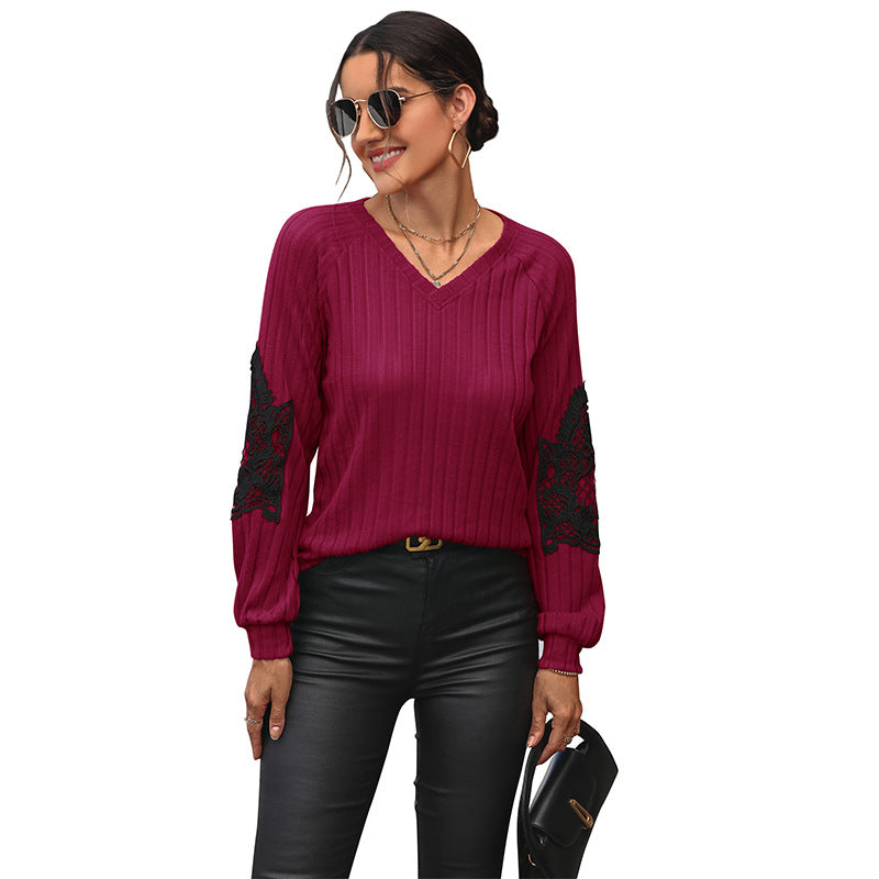 Women's Ribbed Long Sleeve with V-Neck, Lace Inserts at the Elbows and Balloon Sleeves Mune Fashion