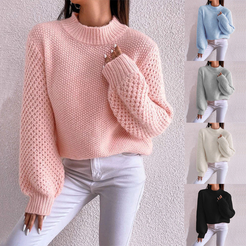 Women's Short-Cut Chunky Knit Sweater with Voluminous Mesh-Structure Sleeves and Stand-Up Collar Mune Fashion