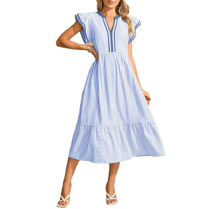 Women’s Maritime Midi Dress with Vertical Stripes, V-Neck and Ruffle Tier Mune Fashion