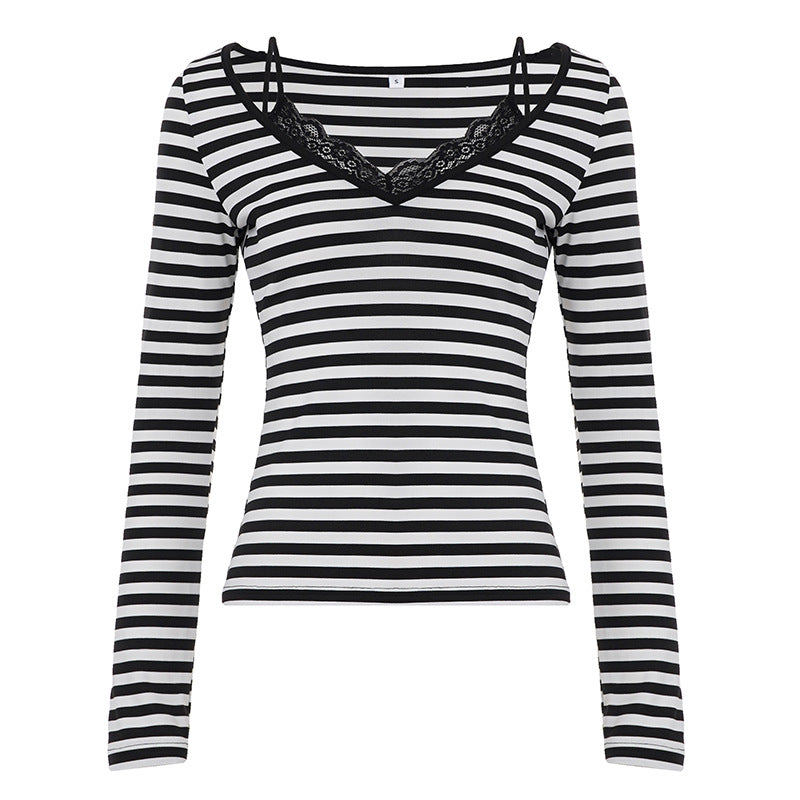 Women's striped long sleeve shirt with lace V-neck and double spaghetti straps Mune Fashion