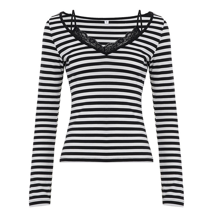 Women's striped long sleeve shirt with lace V-neck and double spaghetti straps Mune Fashion