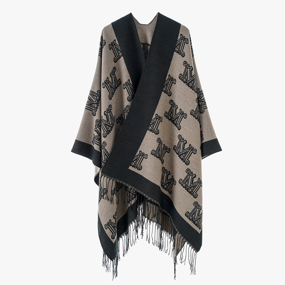 Women's Jacquard Monogram Cape with Open Sides and Fringes