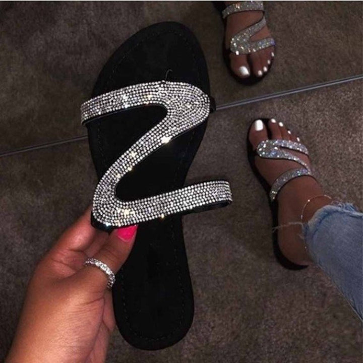 Ladies glitter sandal with curved rhinestone straps and padded comfort footbed Mune Fashion