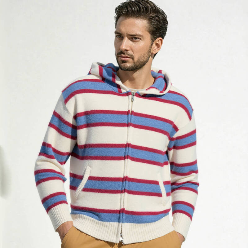 Men's Striped Knit Hoodie with Full Zipper and Ribbed Cuffs Mune Fashion
