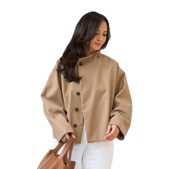 Women's short A-line coat jacket with stand-up collar and asymmetrical button placket Mune Fashion