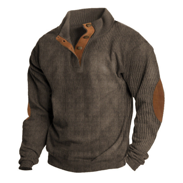 Men's rustic ribbed pullover with Henley collar and leather-like elbow patches Mune Fashion