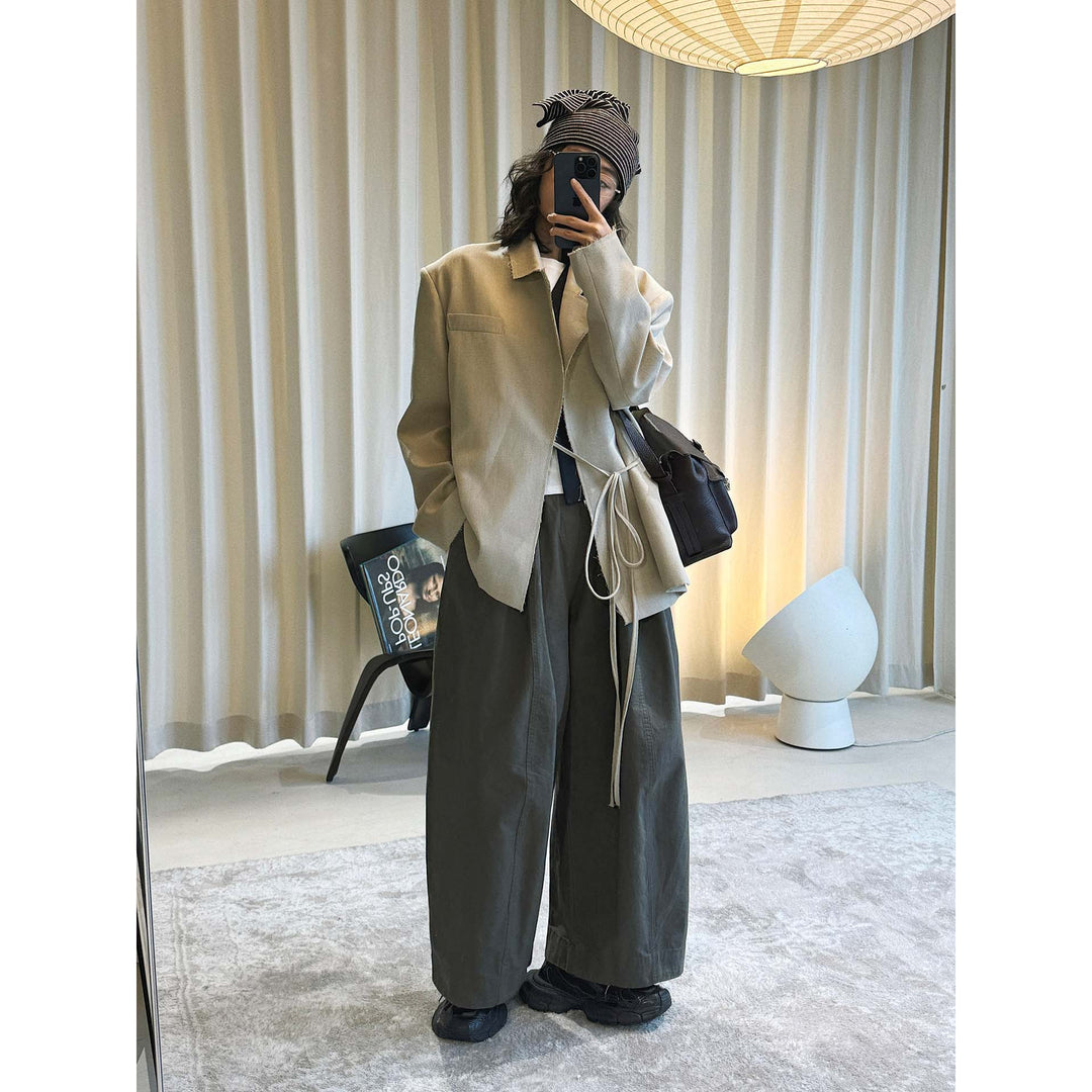 Women's Asymmetrical Wrap Blazer with Tie Belt and Raw Edges Mune Fashion