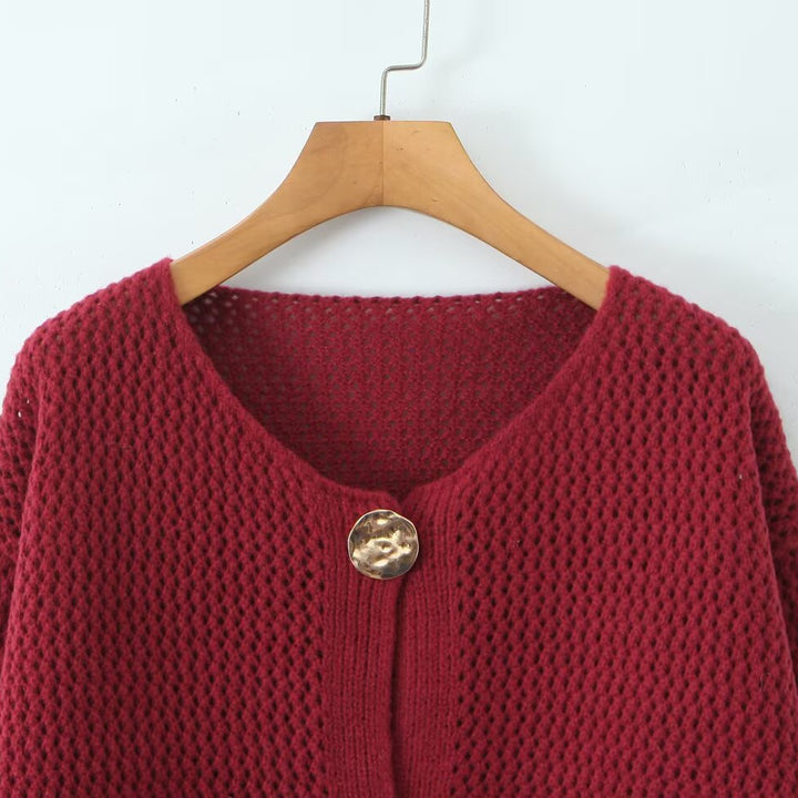 Ladies Light Open Hole Knit Cardigan with Decorative Buttons and Patch Pockets Mune Fashion