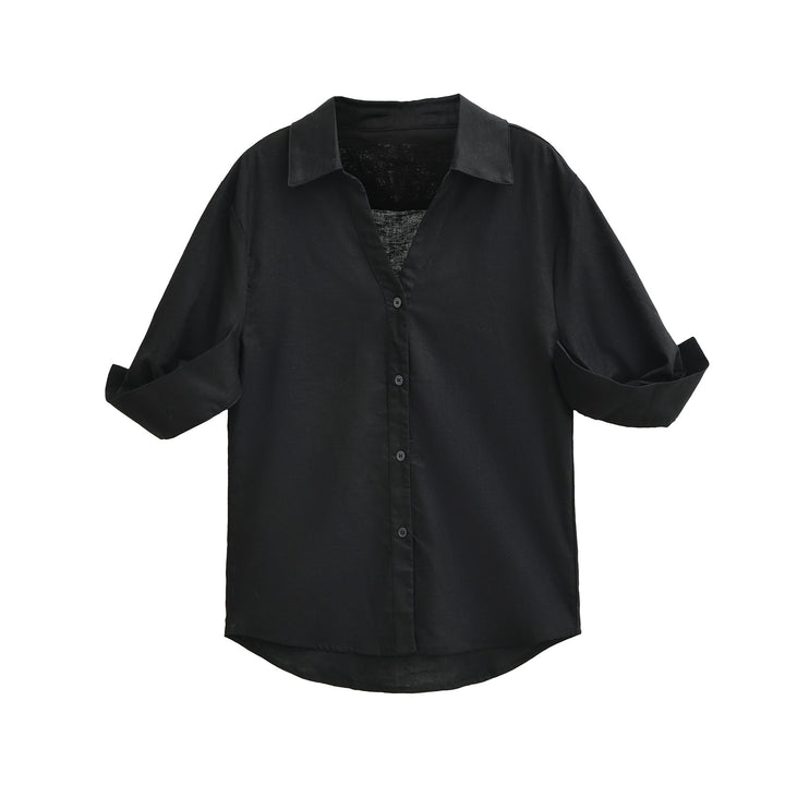 Women's Lightweight Oversized Linen-look Blouse with Kent Collar and Roll-up Sleeves Mune Fashion
