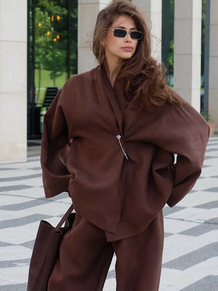 Women's Oversized Wrap Blazer with Safety Pin & Wide Suit Trousers Mune Fashion