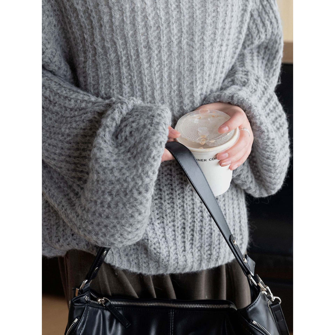 Women Oversize Chunky Knit Sweater with Boat Neck and Cozy Mohair Look Mune Fashion