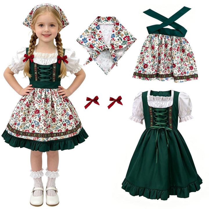 Women's traditional children's dirndl with apron, headband, lace blouse and decorative lacing Mune Fashion