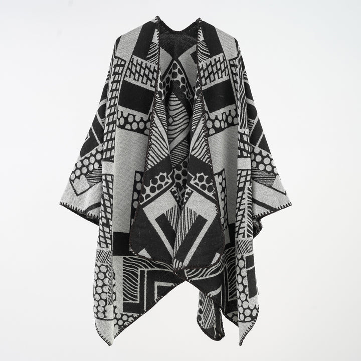 Women's Soft Draping Jacquard Cape with Geometric Allover Pattern and Open Kimono Fit Mune Fashion