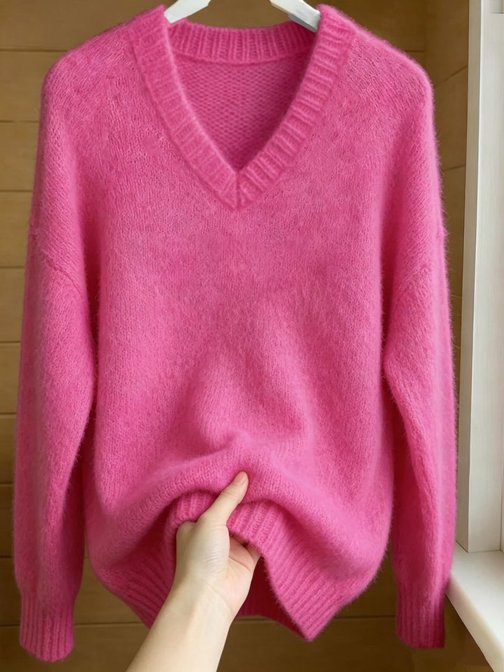 Women Fluffy Mohair-Mix Oversize Sweater with Deep V Neck Mune Fashion